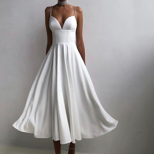 Women's V-Neck Midi Dress - Flowy A-Line Skirt - Dual Strap - Seldom Seen Styles