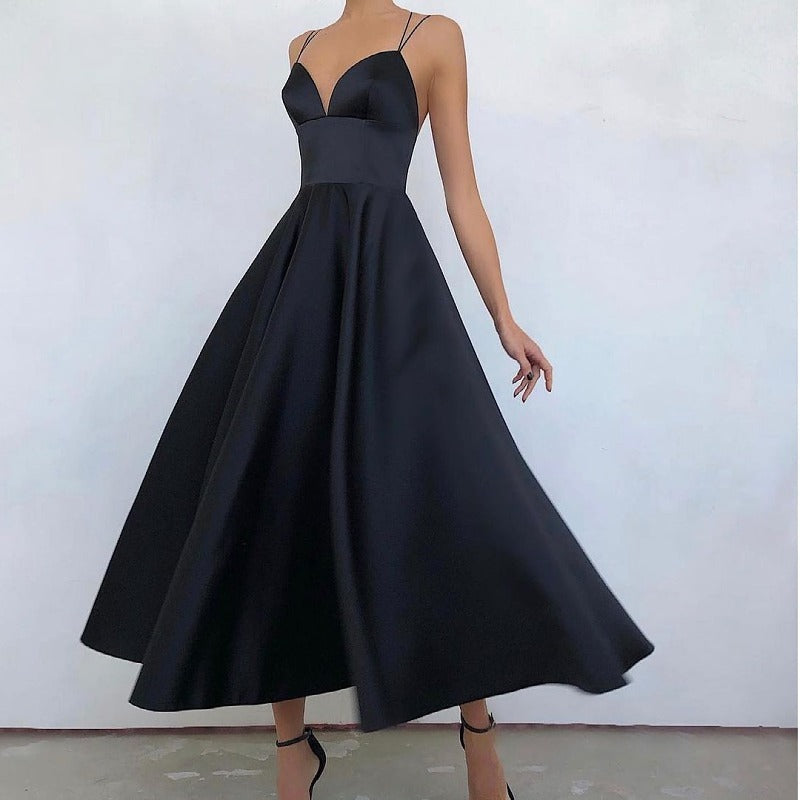 Women's V-Neck Midi Dress - Flowy A-Line Skirt - Dual Strap - Seldom Seen Styles