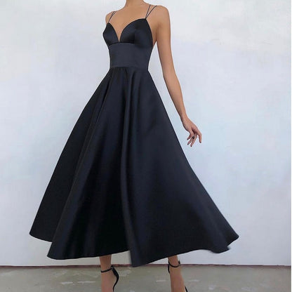 Women's V-Neck Midi Dress - Flowy A-Line Skirt - Dual Strap
