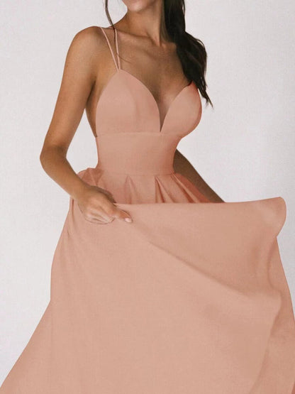 Women's V-Neck Midi Dress - Flowy A-Line Skirt - Dual Strap