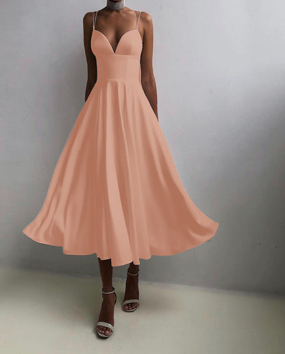 Women's V-Neck Midi Dress - Flowy A-Line Skirt - Dual Strap