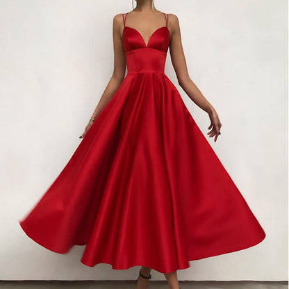 Women's V-Neck Midi Dress - Flowy A-Line Skirt - Dual Strap