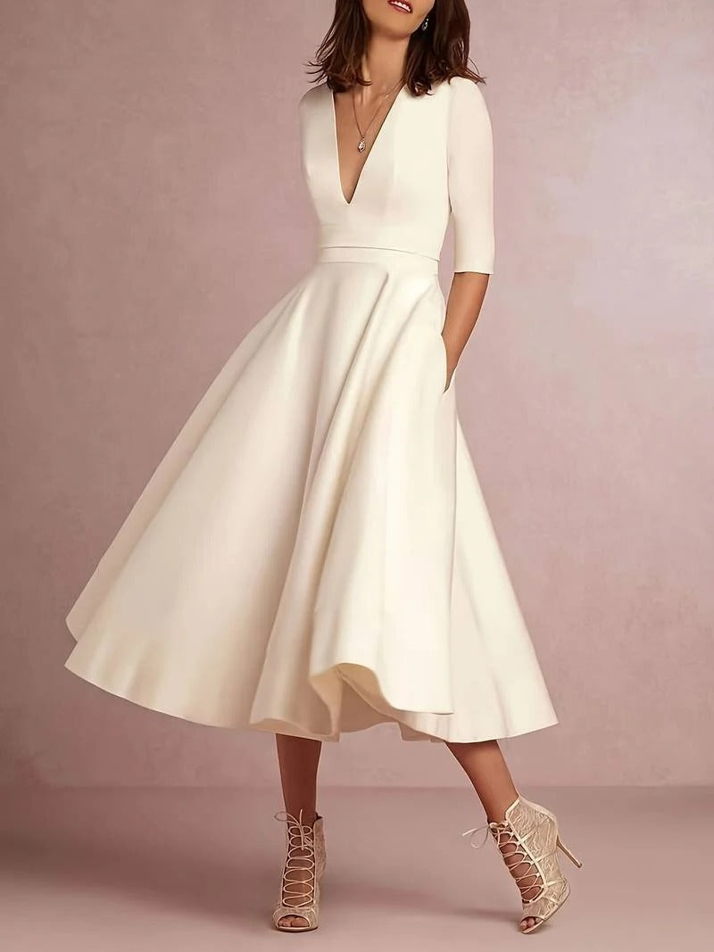 Women's V Neck Midi Dress Relaxed Fit Casual Summer Vacation Everyday Dress - Seldom Seen Styles