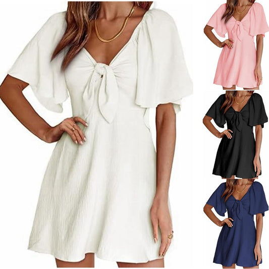 Women's V Neck Mini Dress Flutter Sleeve Tie Front Summer Dress - Seldom Seen Styles