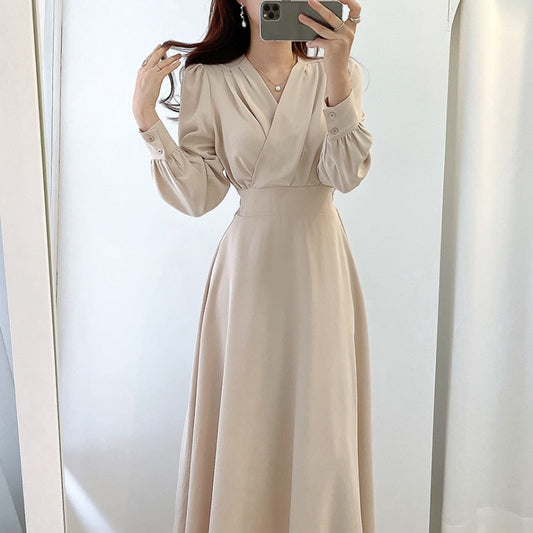 Women's V Neck Puff Sleeve A Line Midi Dress - Long Sleeve - Seldom Seen Styles