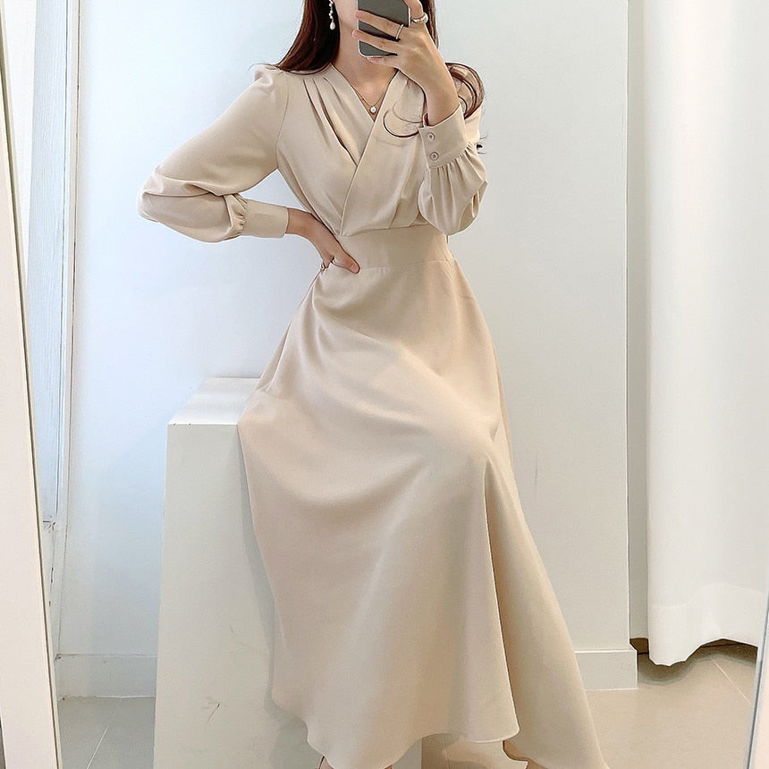 Women's V Neck Puff Sleeve A Line Midi Dress - Long Sleeve - Seldom Seen Styles
