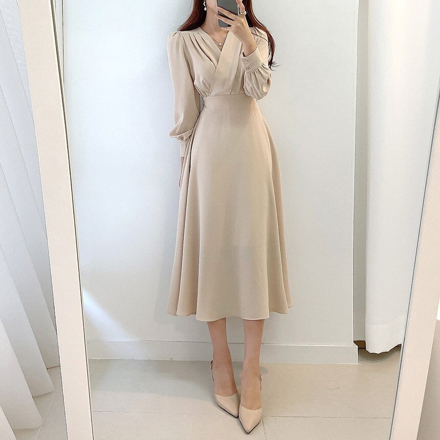 Women's V Neck Puff Sleeve A Line Midi Dress - Long Sleeve - Seldom Seen Styles
