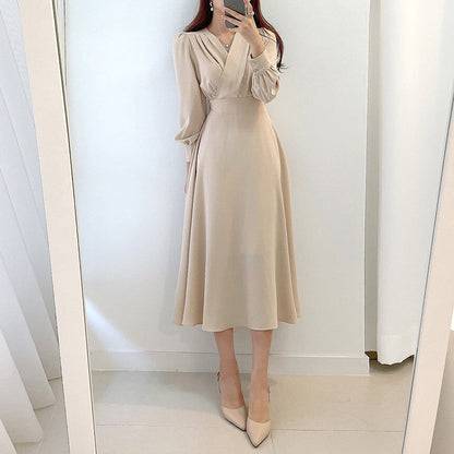 Women's V Neck Puff Sleeve A Line Midi Dress - Long Sleeve