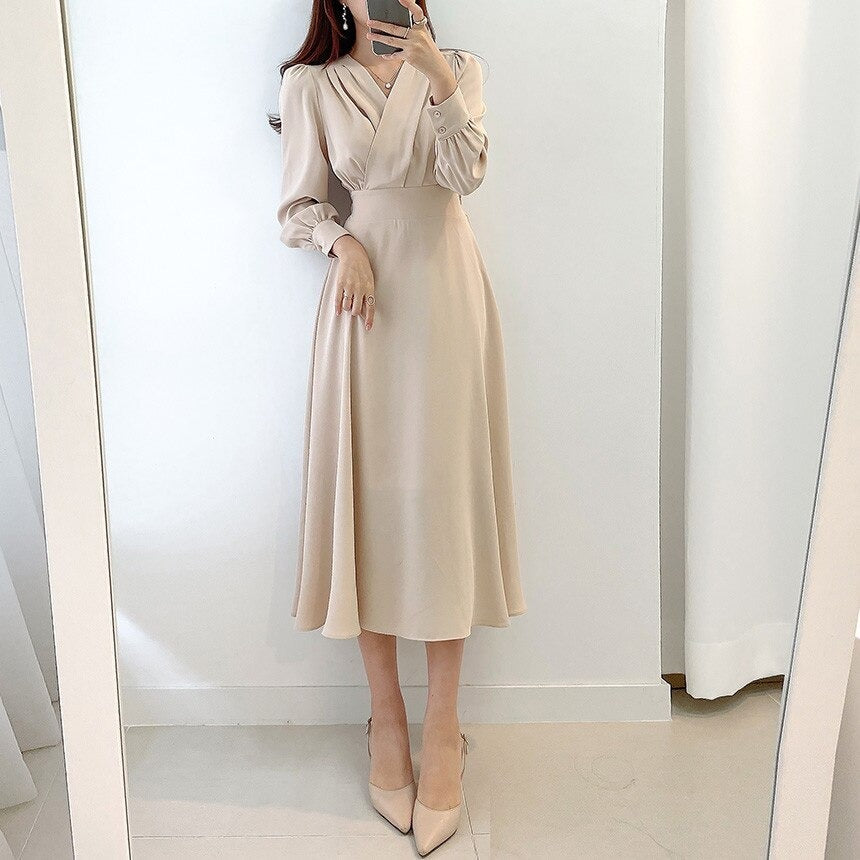 Women's V Neck Puff Sleeve A Line Midi Dress - Long Sleeve - Seldom Seen Styles