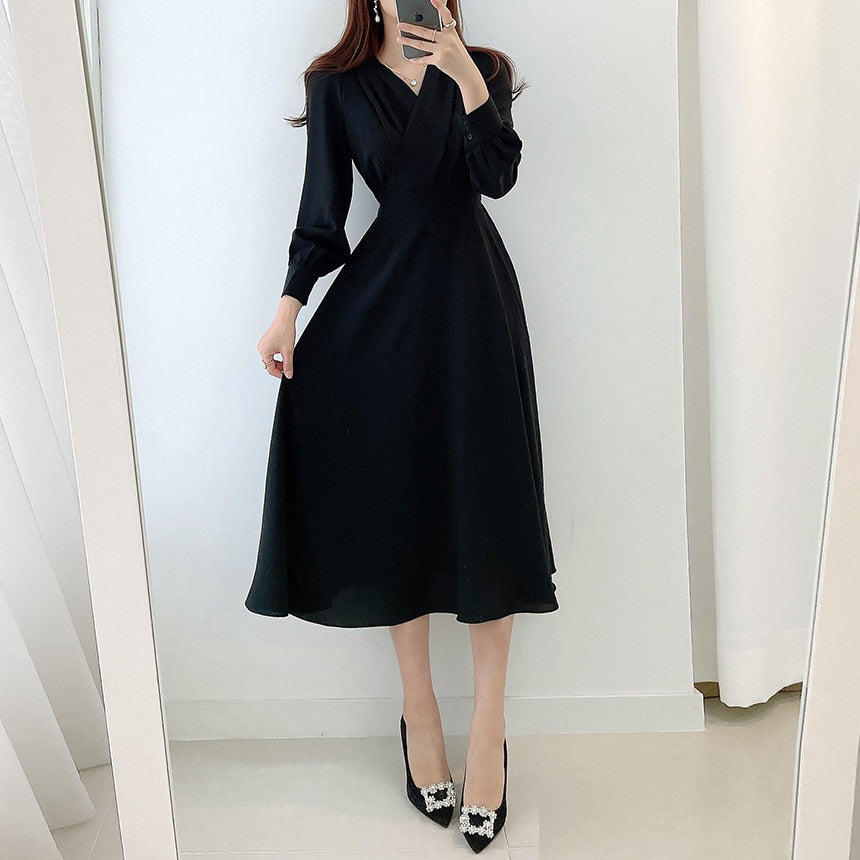 Women's V Neck Puff Sleeve A Line Midi Dress - Long Sleeve - Seldom Seen Styles