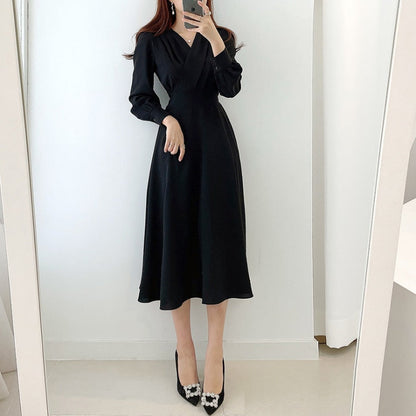 Women's V Neck Puff Sleeve A Line Midi Dress - Long Sleeve
