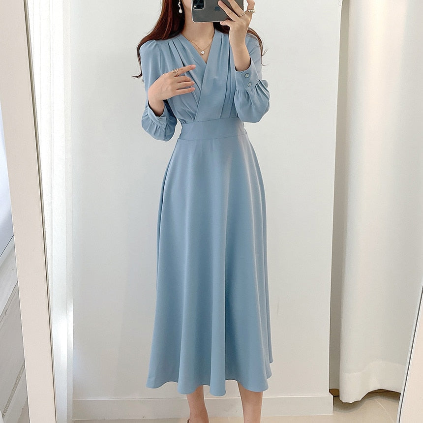 Women's V Neck Puff Sleeve A Line Midi Dress - Long Sleeve - Seldom Seen Styles