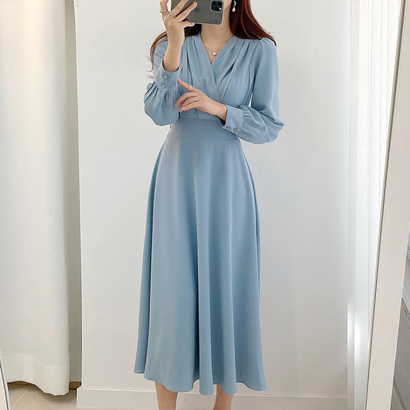 Women's V Neck Puff Sleeve A Line Midi Dress - Long Sleeve - Seldom Seen Styles