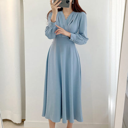 Women's V Neck Puff Sleeve A Line Midi Dress - Long Sleeve