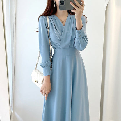 Women's V Neck Puff Sleeve A Line Midi Dress - Long Sleeve