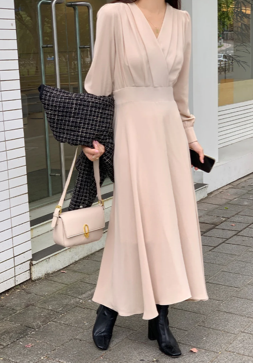 Women's V Neck Puff Sleeve A Line Midi Dress - Long Sleeve - Seldom Seen Styles