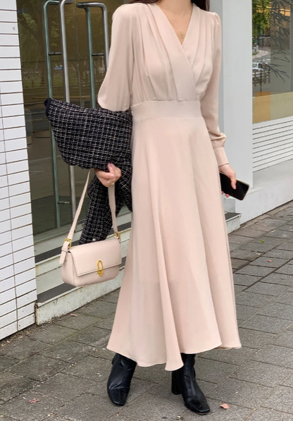Women's V Neck Puff Sleeve A Line Midi Dress - Long Sleeve