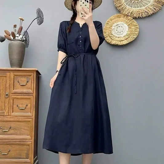 Women's V-Neck Puff Sleeve Drawstring Waist 100% Linen Midi Dress Casual Summer Beach Vacation - Seldom Seen Styles