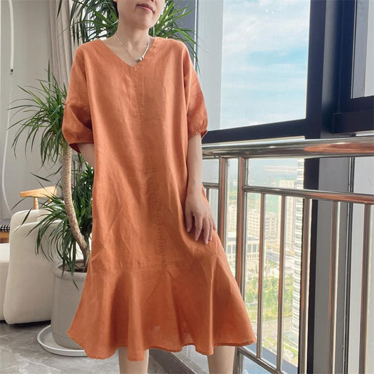 Women's V-Neck Puff Sleeve Loose Fit Linen Ruffle Hem Midi Dress Summer Casual - Seldom Seen Styles