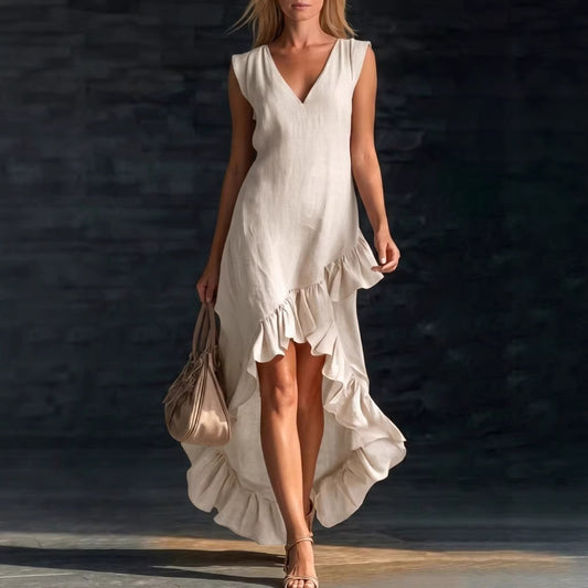Women's V Neck Ruffle Hem Sleeveless Maxi Dress Cotton Linen Loose Fit Casual Summer Beach Dress - Seldom Seen Styles
