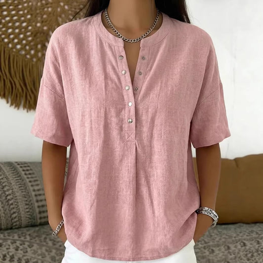 Women's V-Neck Short Sleeve Loose Casual Solid Color Pullover Button Summer Vacation Top - Seldom Seen Styles