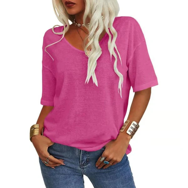 Women's V Neck Short Sleeve Loose Fit T Shirt Casual Summer Basic Tunic Top - Seldom Seen Styles