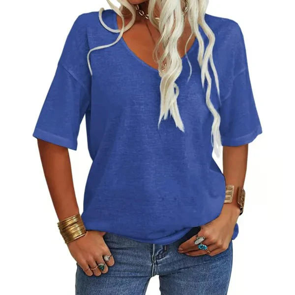 Women's V Neck Short Sleeve Loose Fit T Shirt Casual Summer Basic Tunic Top - Seldom Seen Styles