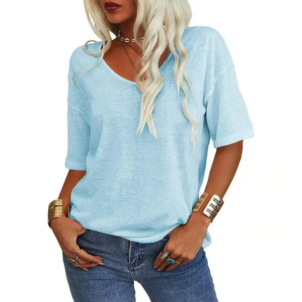 Women's V Neck Short Sleeve Loose Fit T Shirt Casual Summer Basic Tunic Top - Seldom Seen Styles