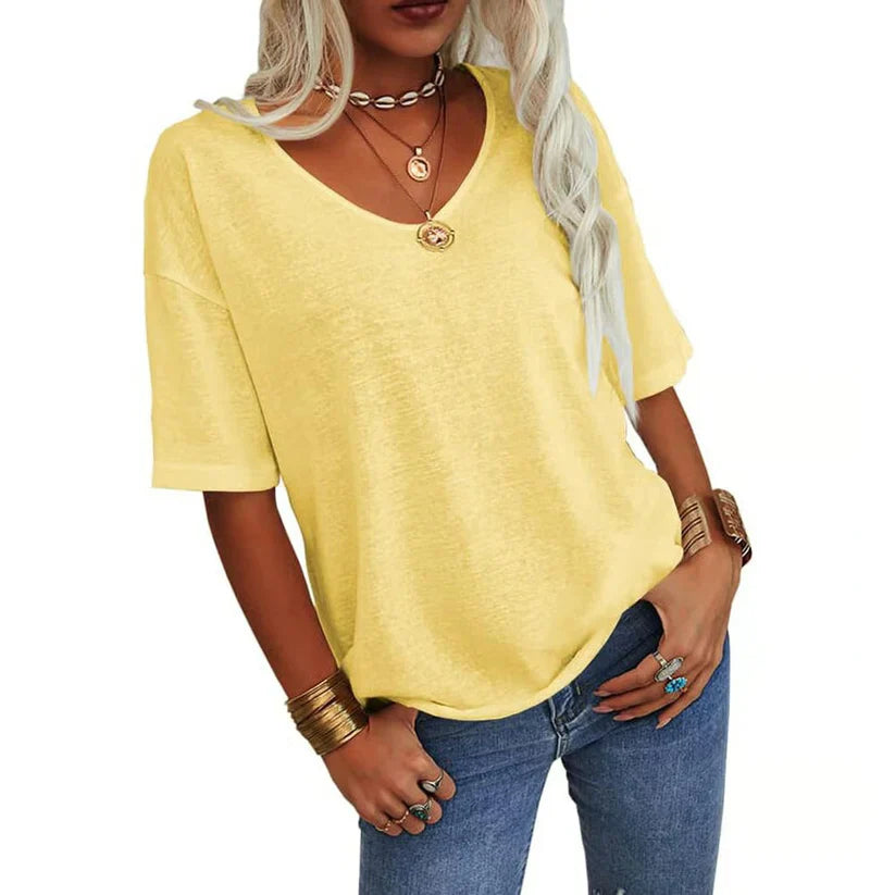 Women's V Neck Short Sleeve Loose Fit T Shirt Casual Summer Basic Tunic Top - Seldom Seen Styles