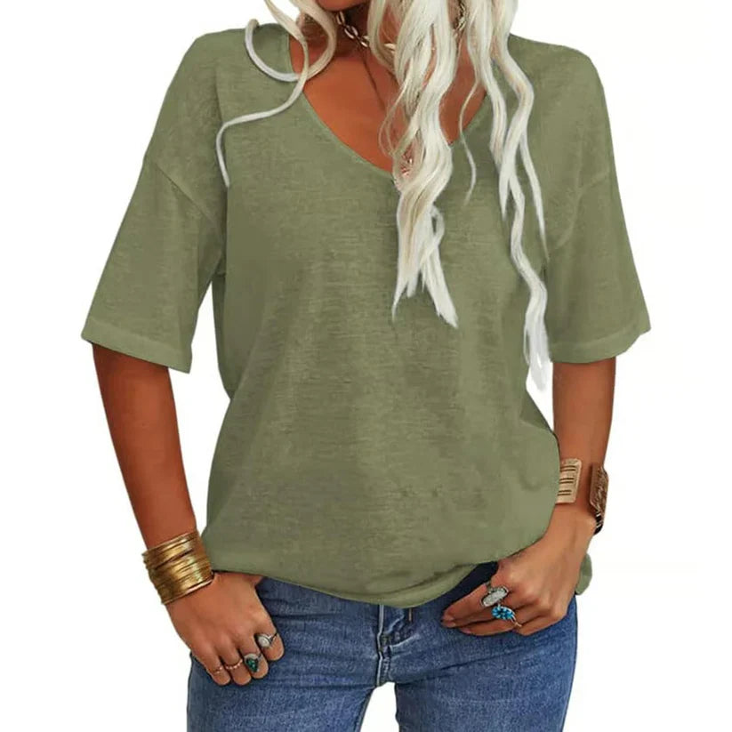 Women's V Neck Short Sleeve Loose Fit T Shirt Casual Summer Basic Tunic Top - Seldom Seen Styles