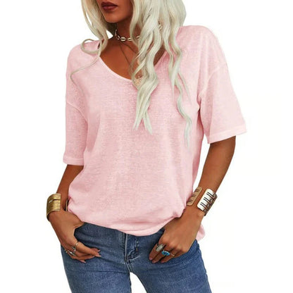 Women's V Neck Short Sleeve Loose Fit T Shirt Casual Summer Basic Tunic Top