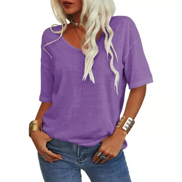 Women's V Neck Short Sleeve Loose Fit T Shirt Casual Summer Basic Tunic Top - Seldom Seen Styles