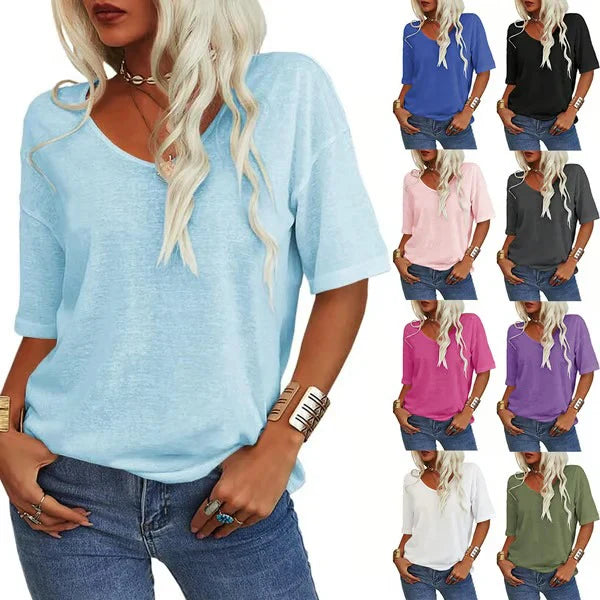 Women's V Neck Short Sleeve Loose Fit T Shirt Casual Summer Basic Tunic Top - Seldom Seen Styles
