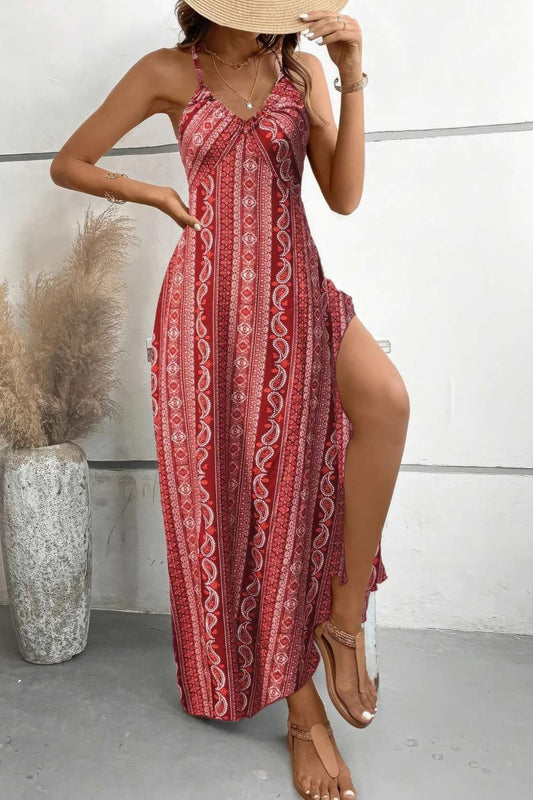 Women's V Neck Spaghetti Strap Paisley Maxi Dress Boho Flowy Summer Beach Vacation Dress - Seldom Seen Styles