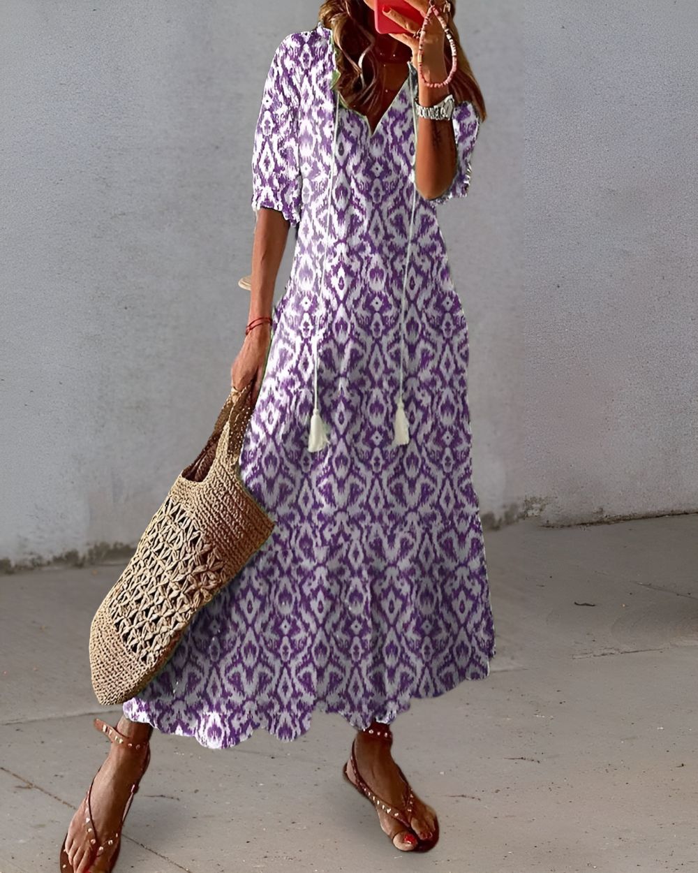 Women's V Neck Tassel Tie Front Maxi Dress Loose Boho Floral Print Summer Beach Vacation Dress - Seldom Seen Styles
