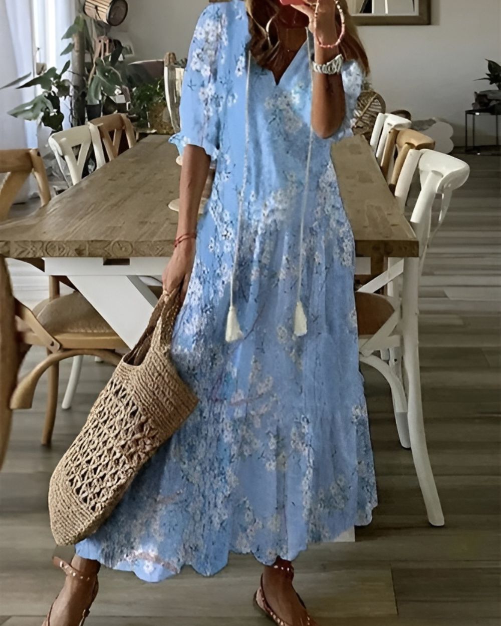 Women's V Neck Tassel Tie Front Maxi Dress Loose Boho Floral Print Summer Beach Vacation Dress - Seldom Seen Styles