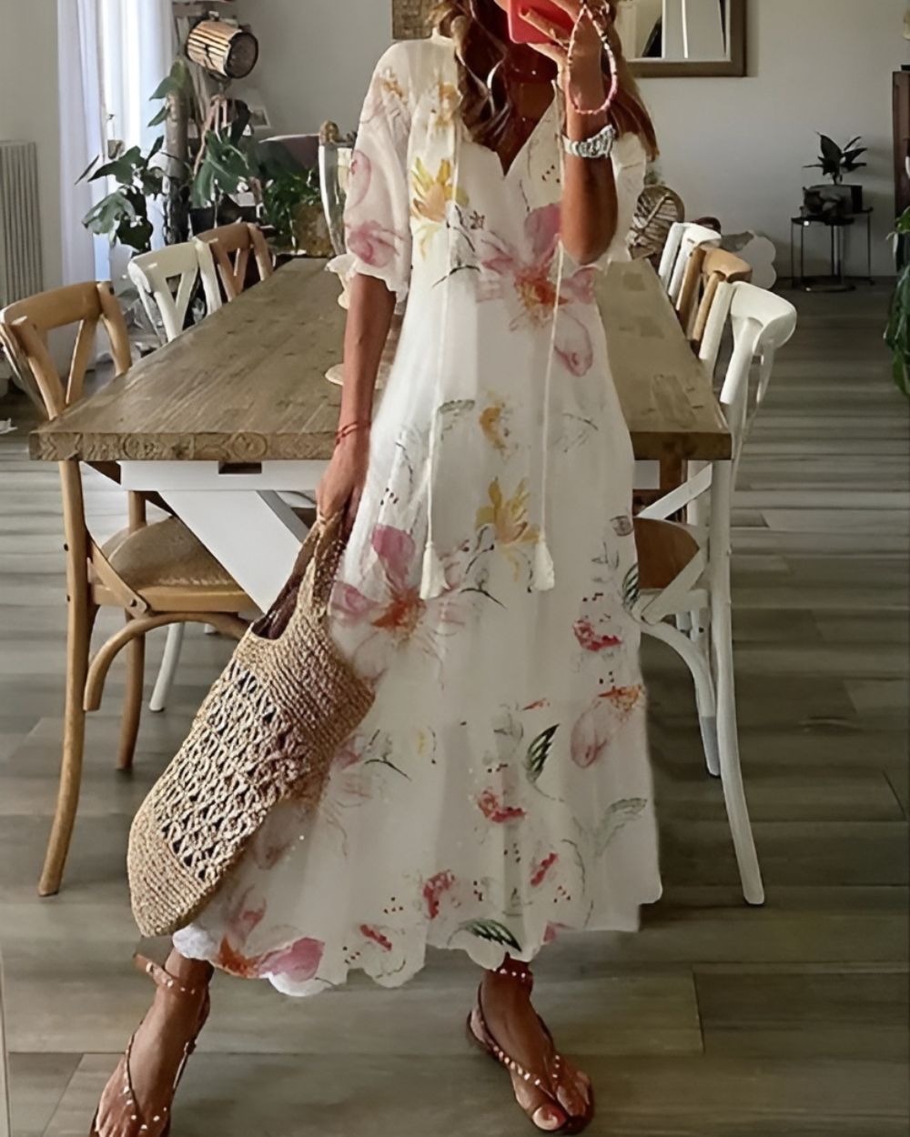Women's V Neck Tassel Tie Front Maxi Dress Loose Boho Floral Print Summer Beach Vacation Dress - Seldom Seen Styles