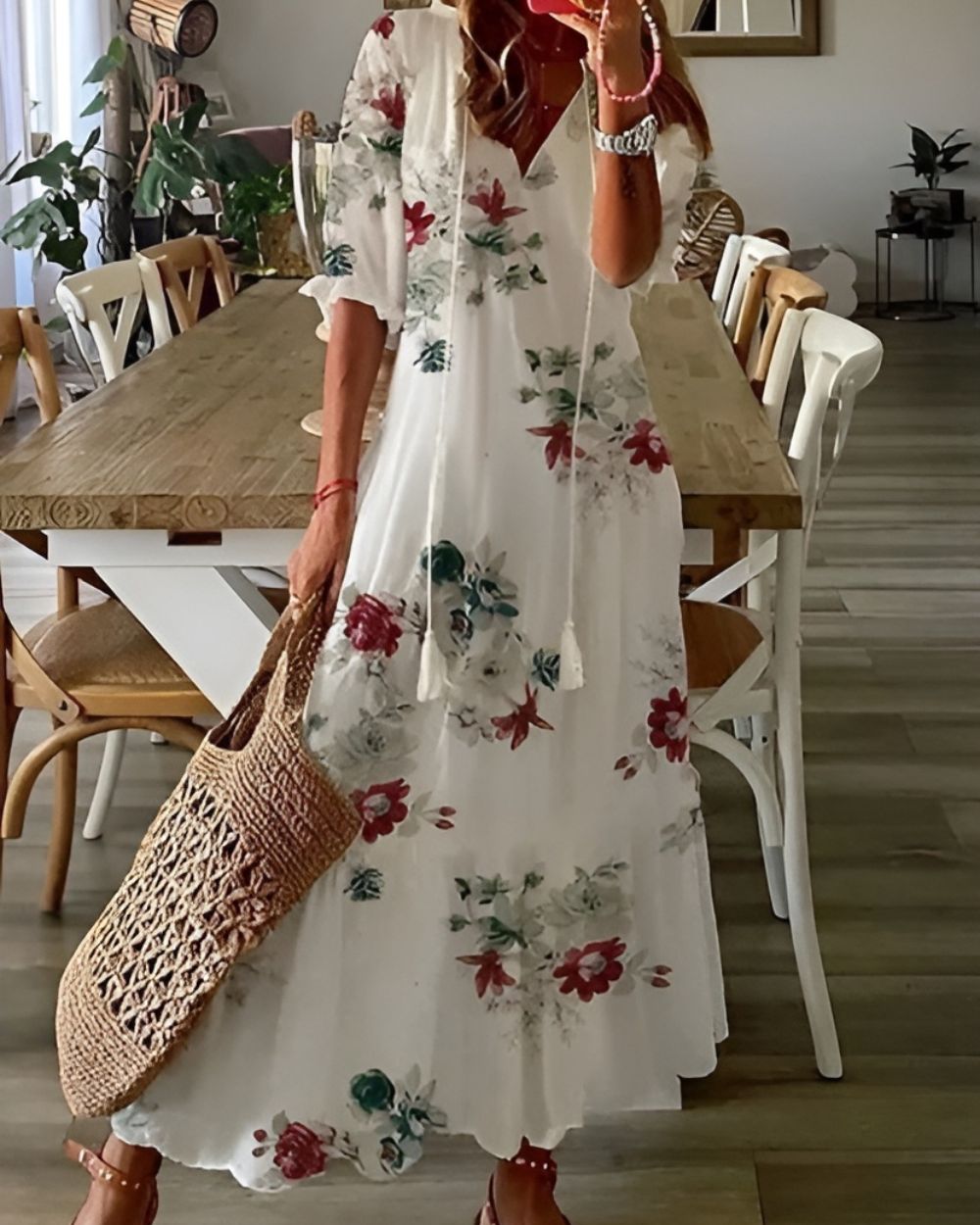Women's V Neck Tassel Tie Front Maxi Dress Loose Boho Floral Print Summer Beach Vacation Dress - Seldom Seen Styles