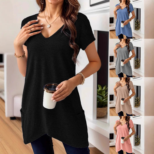Women's V Neck Tunic Top Casual Loose Fit Short Sleeve T Shirt Pocket Summer Blouse Everyday Basic Tee - Seldom Seen Styles