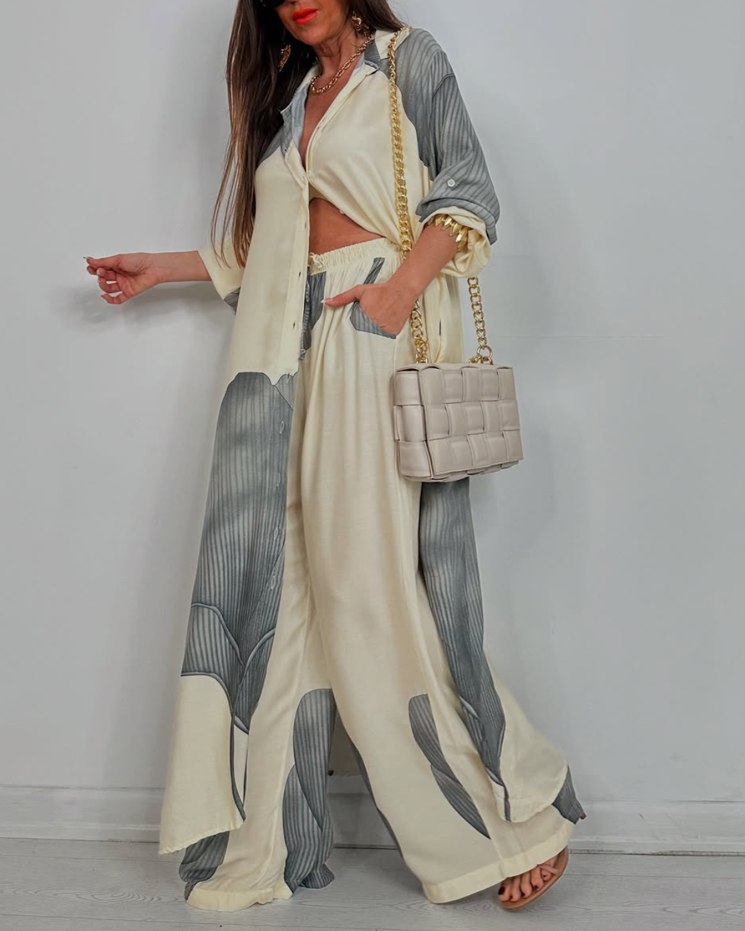 Women's V-neck Patchwork Printed Top and Pants Commuting Casual Suit - Seldom Seen Styles