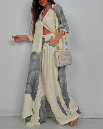 Ensemble décontracté pour femme, haut et pantalon imprimés patchwork, col en V