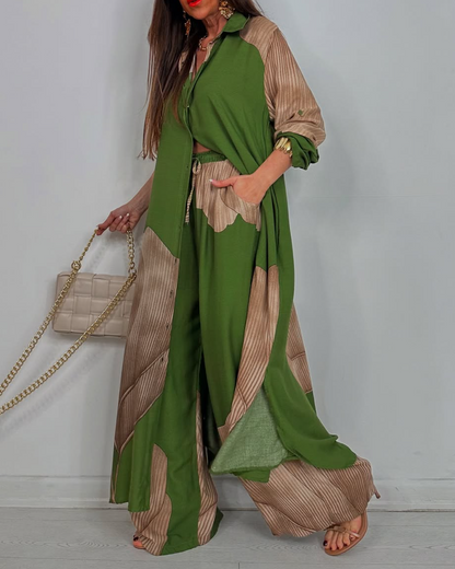 Ensemble décontracté pour femme, haut et pantalon imprimés patchwork, col en V