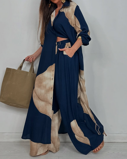 Ensemble décontracté pour femme, haut et pantalon imprimés patchwork, col en V