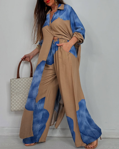 Ensemble décontracté pour femme, haut et pantalon imprimés patchwork, col en V