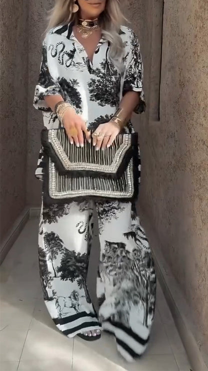 Ensemble décontracté haut col en V et pantalon imprimé pour femme