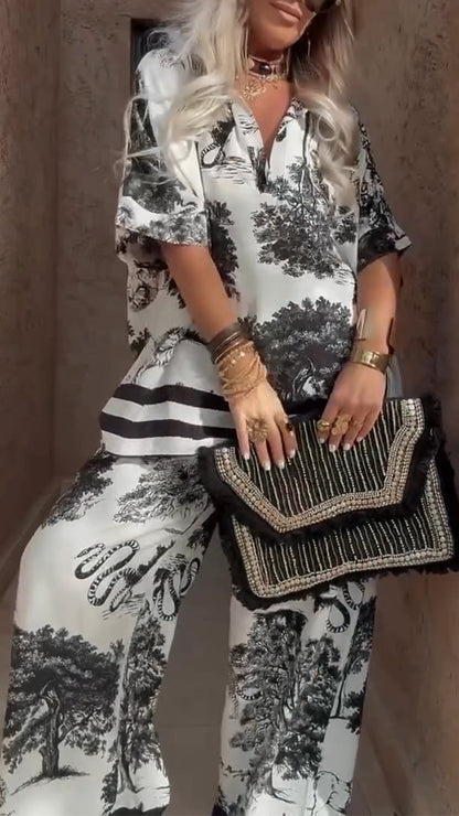 Ensemble décontracté haut col en V et pantalon imprimé pour femme