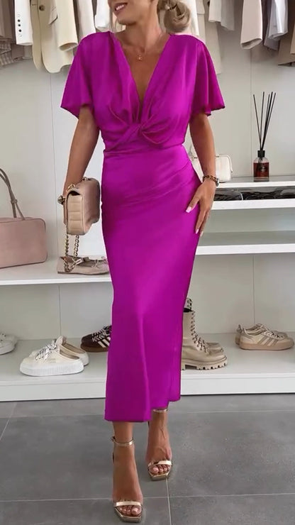 Damen-V-Ausschnitt, verdreht, schmal geschnitten, Temperament, Business-Kleid