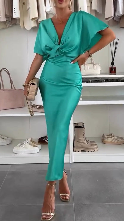 Damen-V-Ausschnitt, verdreht, schmal geschnitten, Temperament, Business-Kleid