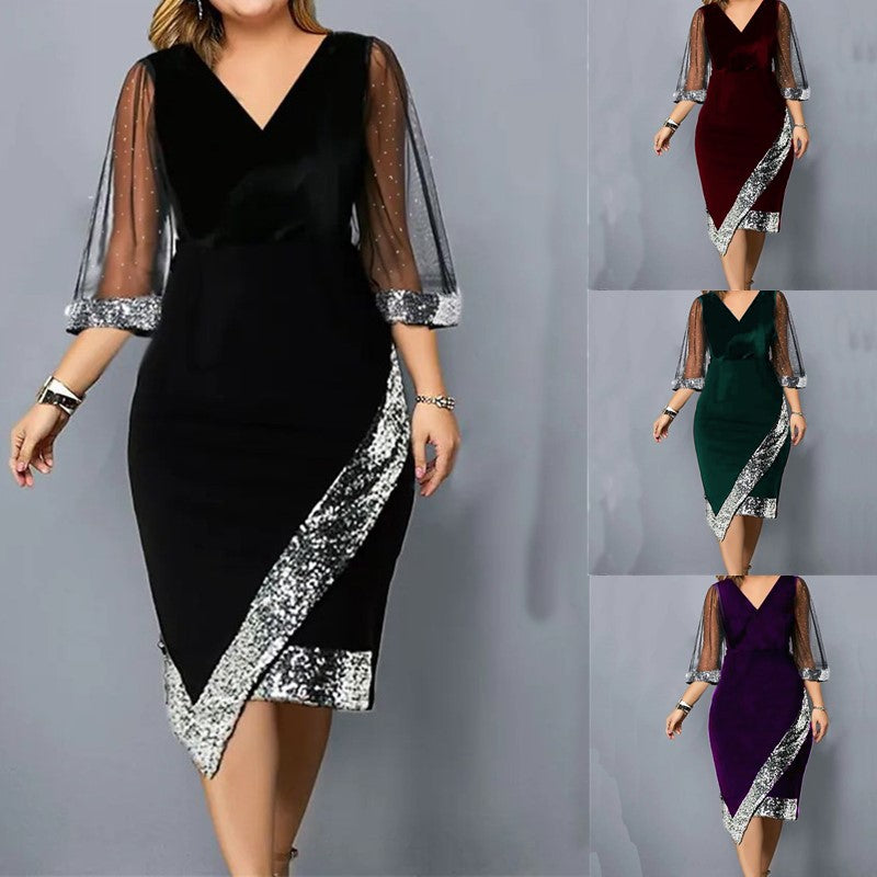 Women's Velvet Sequin Midi Dress Sheer Mesh Sleeve Elegant Party Dress - Seldom Seen Styles