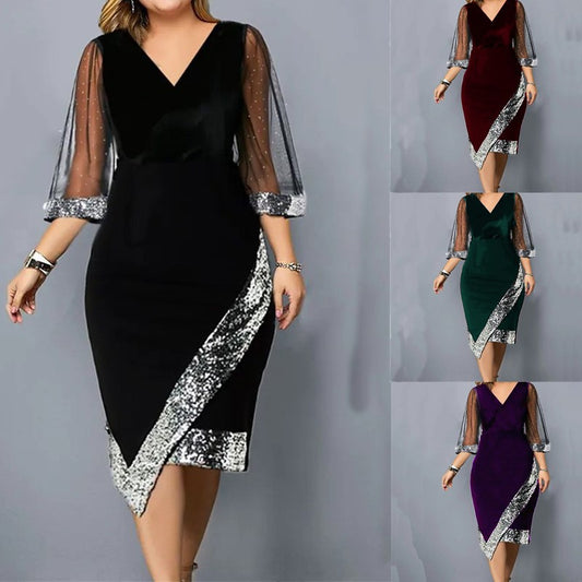 Women's Velvet Sequin Midi Dress Sheer Mesh Sleeve Elegant Party Dress - Seldom Seen Styles